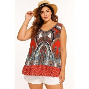 Bila Women's Sleeveless Top Tank XL Boho Style Stunning Print Red